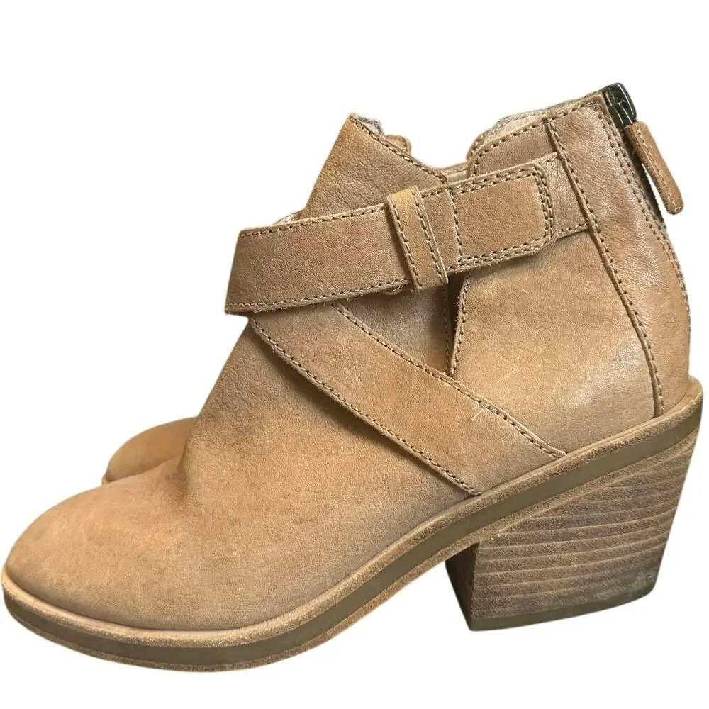Eileen Fisher Derby Ankle Boots Tan Nubuck Leather Stacked‎ Heel Preppy Career 6